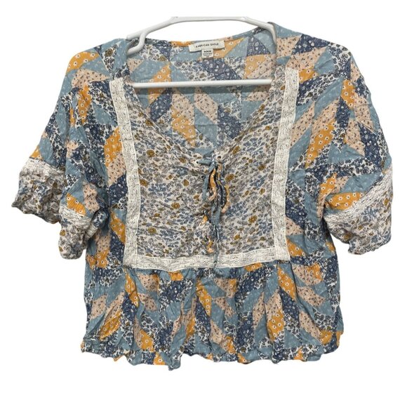 American Eagle Medium Floral Patchwork Blouse With Lace Trim - Picture 1 of 5